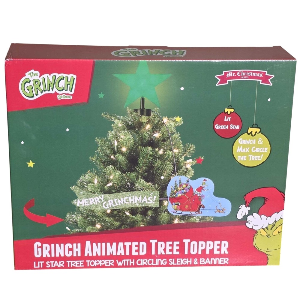 Mr Christmas The Grinch Animated Tree Topper LED Star Circling Sleigh Banner NEW
